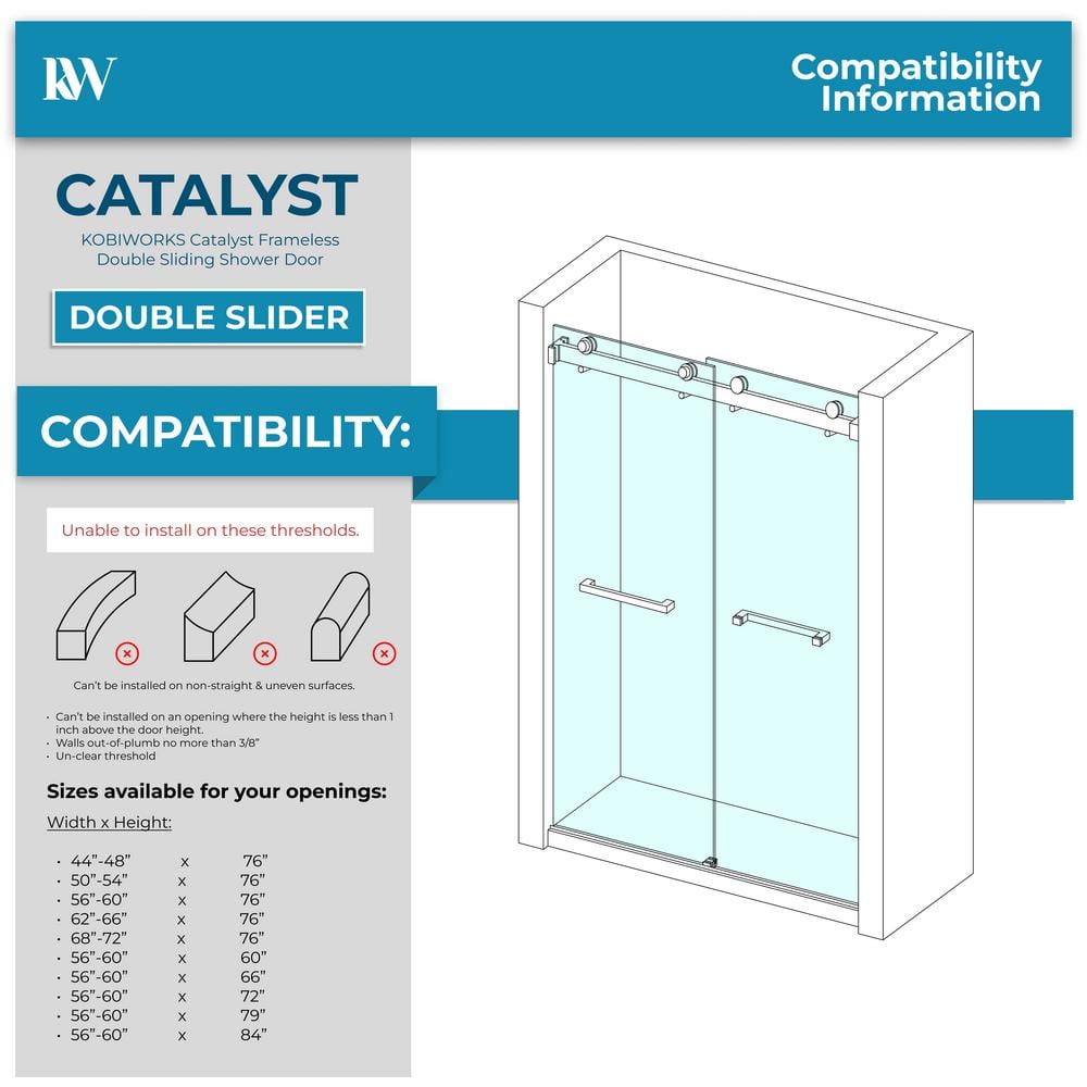 Kobiworks CatalystFP 60 in. W x 66 in. H Double Sliding Frameless Shower Door in Matte Black with 3/8 in. Clear Glass