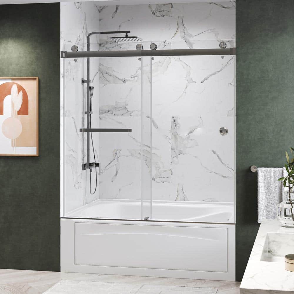 Kobiworks Catalyst FP 60 in. W x 66 in. H Double Sliding Frameless Shower Door in Brushed Nickel with 3/8 in. Clear Glass