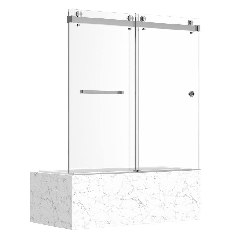 Kobiworks Catalyst FP 60 in. W x 66 in. H Double Sliding Frameless Shower Door in Brushed Nickel with 3/8 in. Clear Glass