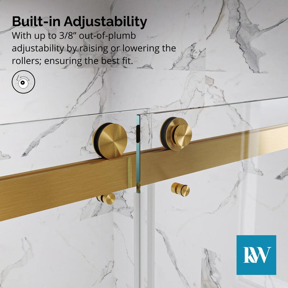 Kobiworks Catalyst FP 60 in. W x 66 in. H Double Sliding Frameless Shower Door in Brushed Gold with 3/8 in. Clear Glass