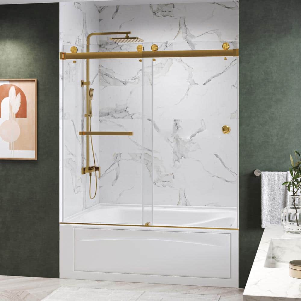 Kobiworks Catalyst FP 60 in. W x 66 in. H Double Sliding Frameless Shower Door in Brushed Gold with 3/8 in. Clear Glass