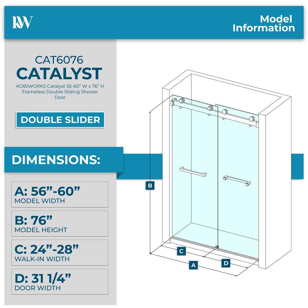 Kobiworks Catalyst FP 60 in. W x 66 in. H Double Sliding Frameless Shower Door in Brushed Gold with 3/8 in. Clear Glass