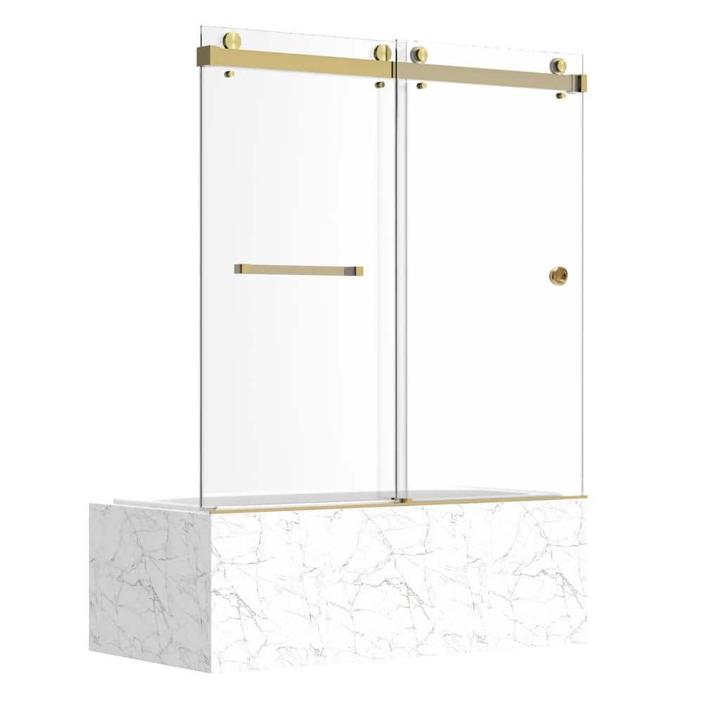 Kobiworks Catalyst FP 60 in. W x 66 in. H Double Sliding Frameless Shower Door in Brushed Gold with 3/8 in. Clear Glass
