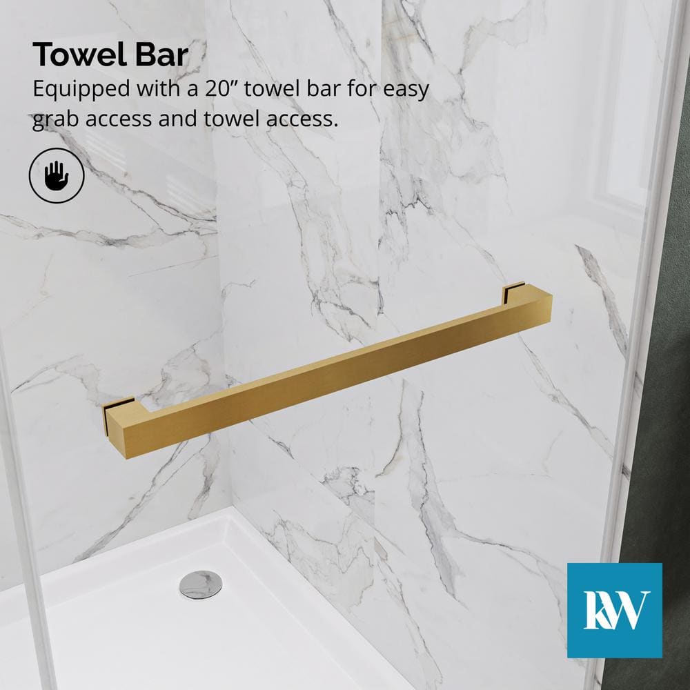 Kobiworks Catalyst FP 60 in. W x 66 in. H Double Sliding Frameless Shower Door in Brushed Gold with 3/8 in. Clear Glass