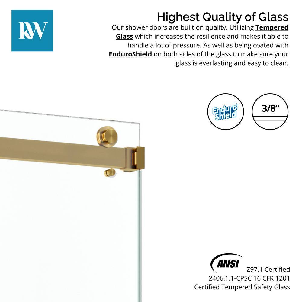Kobiworks Catalyst FP 60 in. W x 66 in. H Double Sliding Frameless Shower Door in Brushed Gold with 3/8 in. Clear Glass