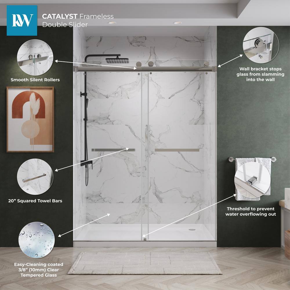 Kobiworks Catalyst 60 in. W x 76 in. H Double Sliding Frameless Shower Door in Chrome with 3/8 in. Ultra Clear Glass