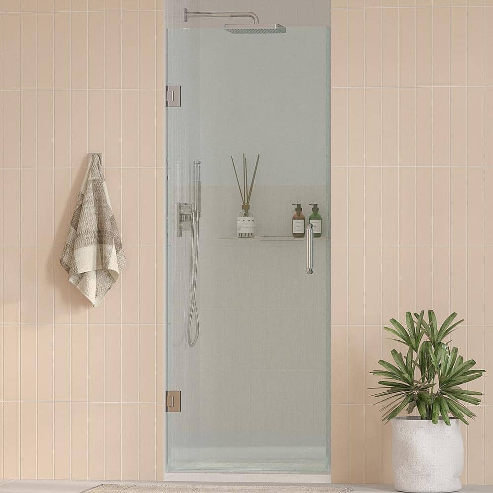 Kobiworks Nirvana 28.75 in. - 27.875 in. W x 76 in. H Frameless Hinged Shower Door in Chrome with 3/8 in. Clear Glass (10 mm)