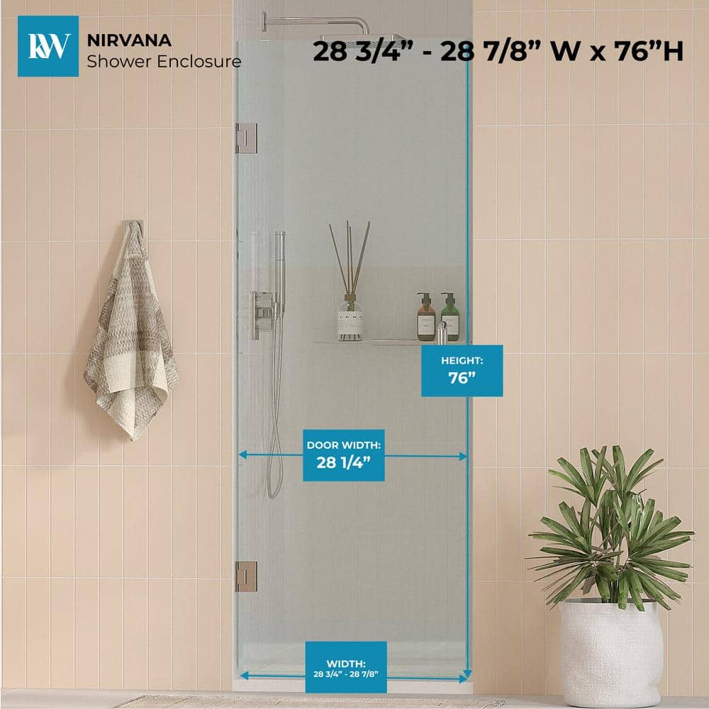 Kobiworks Nirvana 28.75 in. - 27.875 in. W x 76 in. H Frameless Hinged Shower Door in Chrome with 3/8 in. Clear Glass (10 mm)