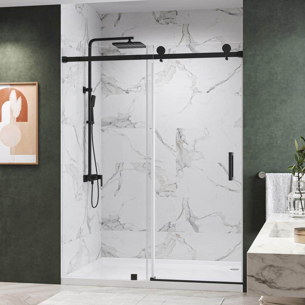 Kobiworks Serenity 60 in. W x 79 in. H Single Sliding Frameless Shower Door in Matte Black with 3/8 in. Clear Glass