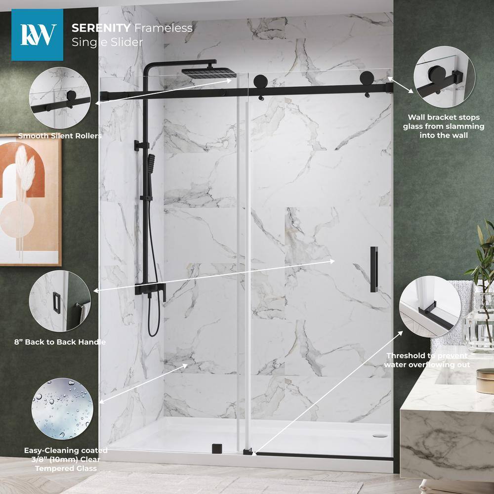 Kobiworks Serenity 60 in. W x 79 in. H Single Sliding Frameless Shower Door in Matte Black with 3/8 in. Clear Glass