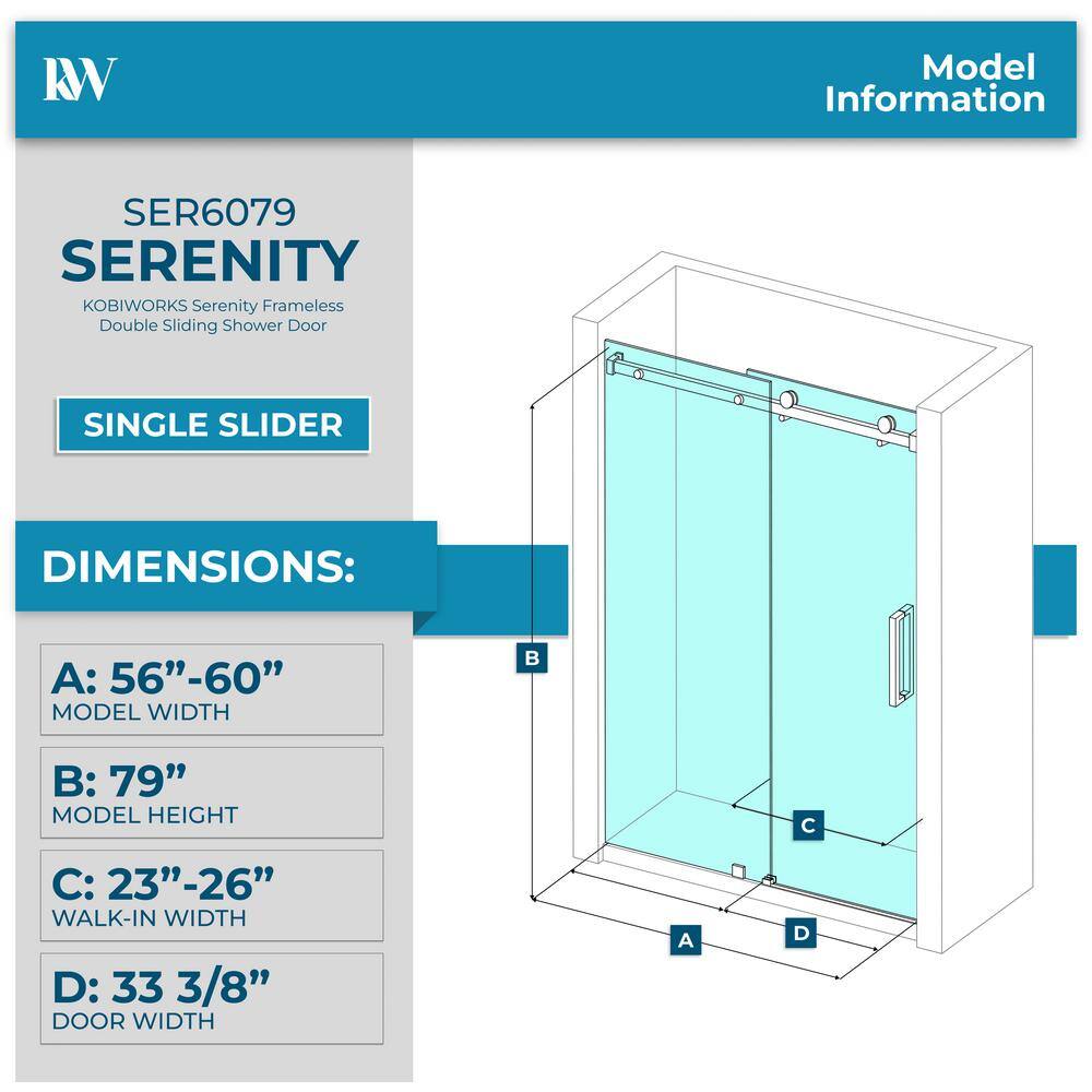 Kobiworks Serenity 60 in. W x 79 in. H Single Sliding Frameless Shower Door in Chrome with 3/8 in. Clear Glass