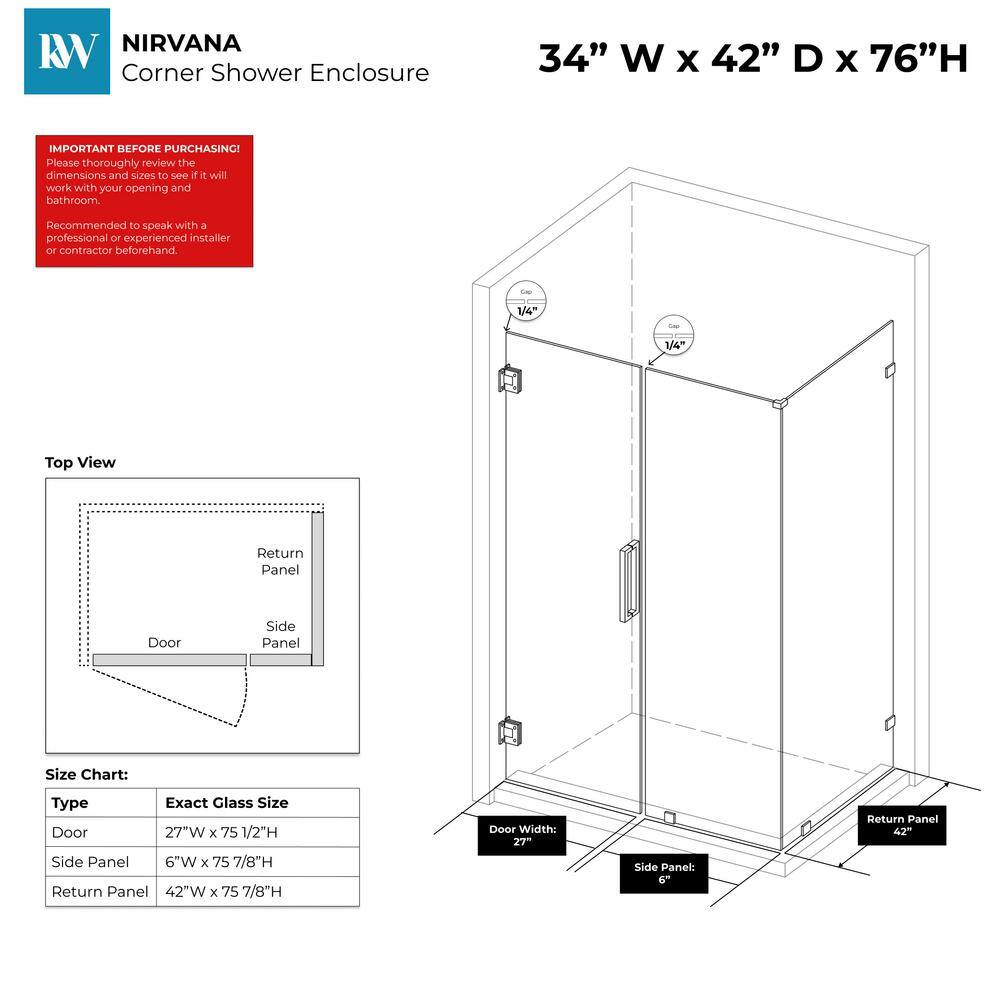 Kobiworks Nirvana 34 in. W x 42 in. L x 76 in. H Pivot Frameless Corner Shower Enclosure in Brushed Gold with 3/8 in. Clear Glass