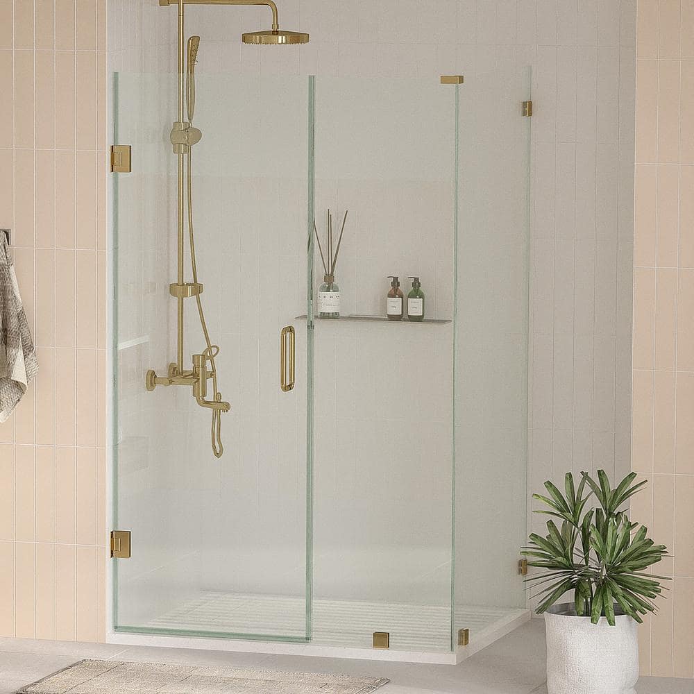 Kobiworks Nirvana 34 in. W x 42 in. L x 76 in. H Pivot Frameless Corner Shower Enclosure in Brushed Gold with 3/8 in. Clear Glass
