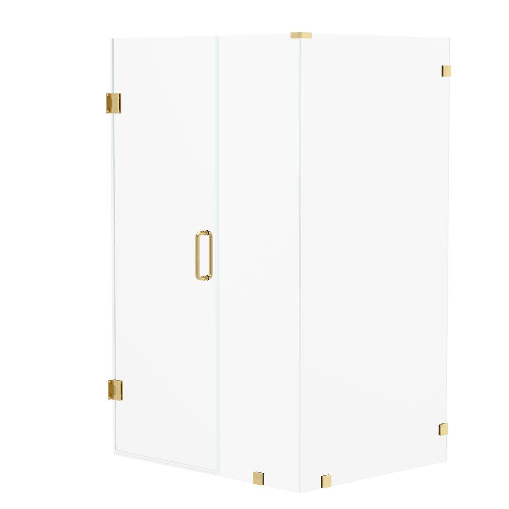 Kobiworks Nirvana 34 in. W x 42 in. L x 76 in. H Pivot Frameless Corner Shower Enclosure in Brushed Gold with 3/8 in. Clear Glass