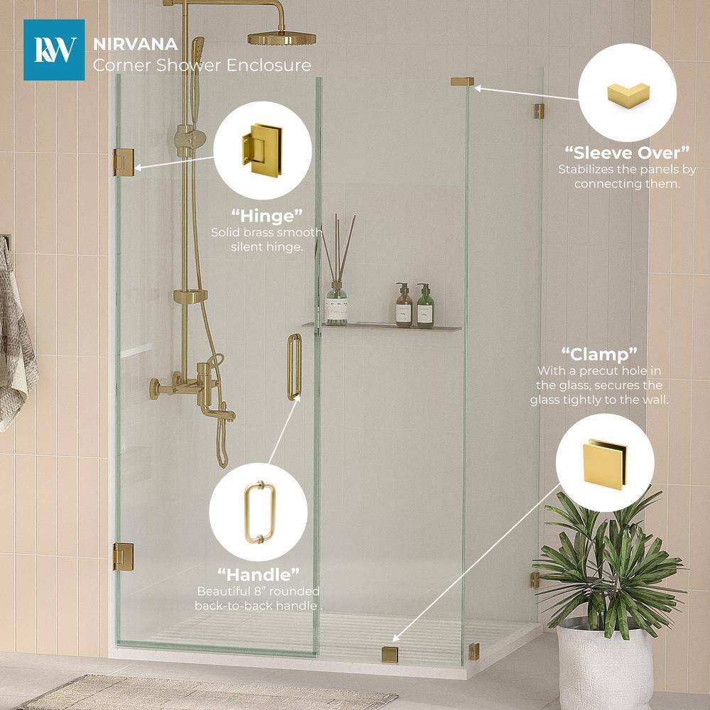 Kobiworks Nirvana 34 in. W x 42 in. L x 76 in. H Pivot Frameless Corner Shower Enclosure in Brushed Gold with 3/8 in. Clear Glass
