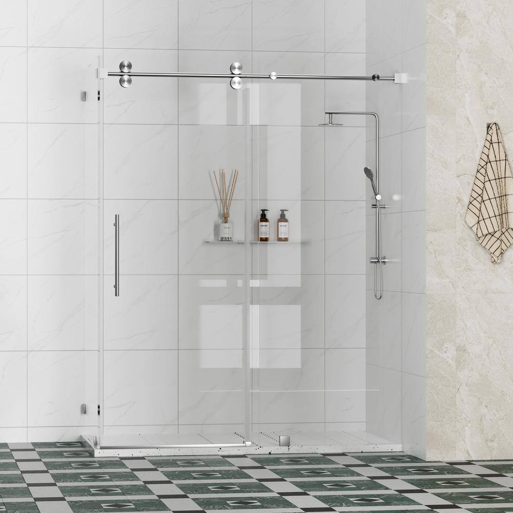 Kobiworks Radiance 48 in. W x 35 in. D x 76 in. H Sliding Frameless Corner Shower Enclosure in Brushed Nickel with Clear Glass