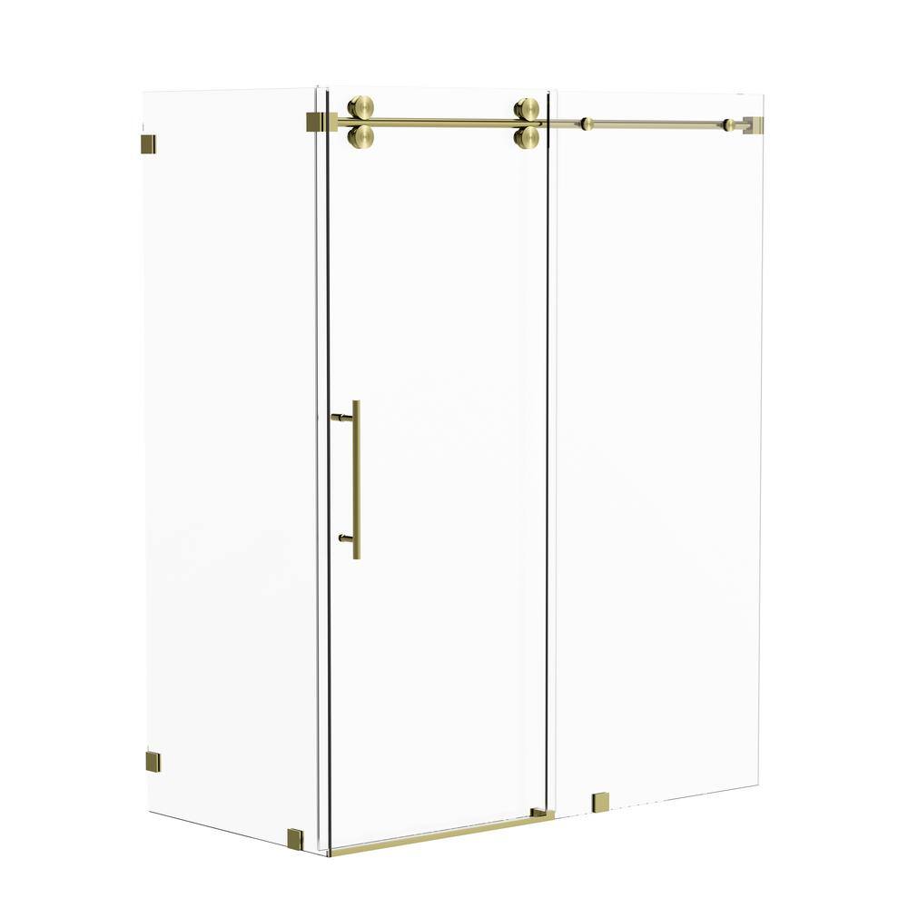 Kobiworks Radiance 48 in. W x 35 in. D x 76 in. H Sliding Frameless Corner Shower Enclosure in Brushed Gold with Clear Glass
