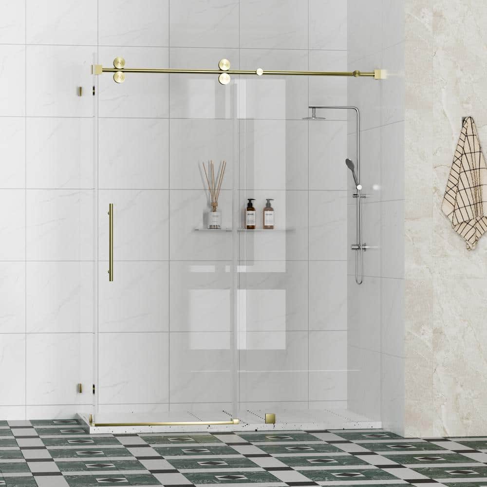 Kobiworks Radiance 48 in. W x 35 in. D x 76 in. H Sliding Frameless Corner Shower Enclosure in Brushed Gold with Clear Glass