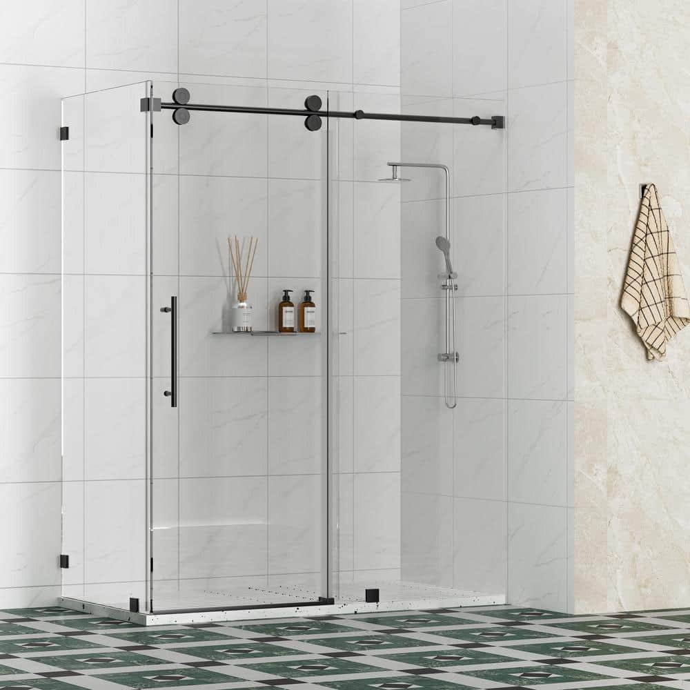 Kobiworks Radiance 60 in. W x 35 in. D x 76 in. H Sliding Frameless Corner Shower Enclosure in Matte Black with Clear Glass