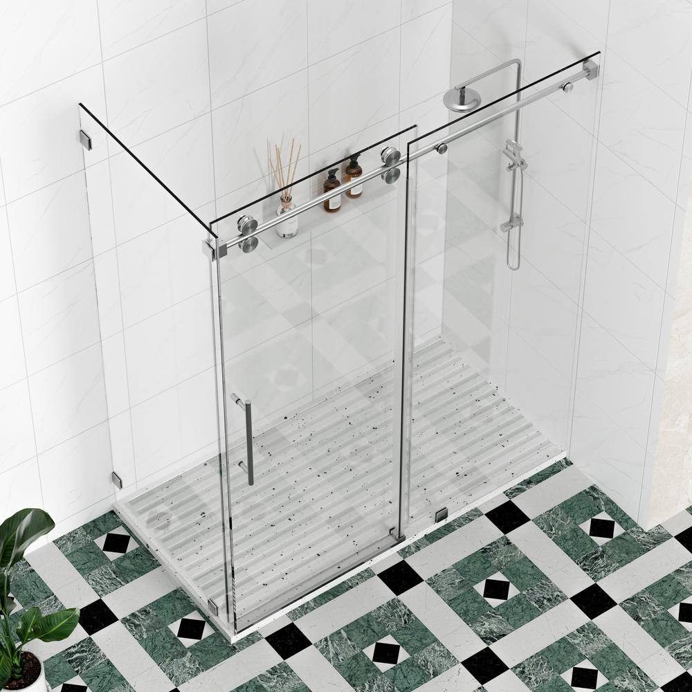 Kobiworks Radiance 60 in. W x 35 in. D x 76 in. H Sliding Frameless Corner Shower Enclosure in Brushed Nickel with Clear Glass