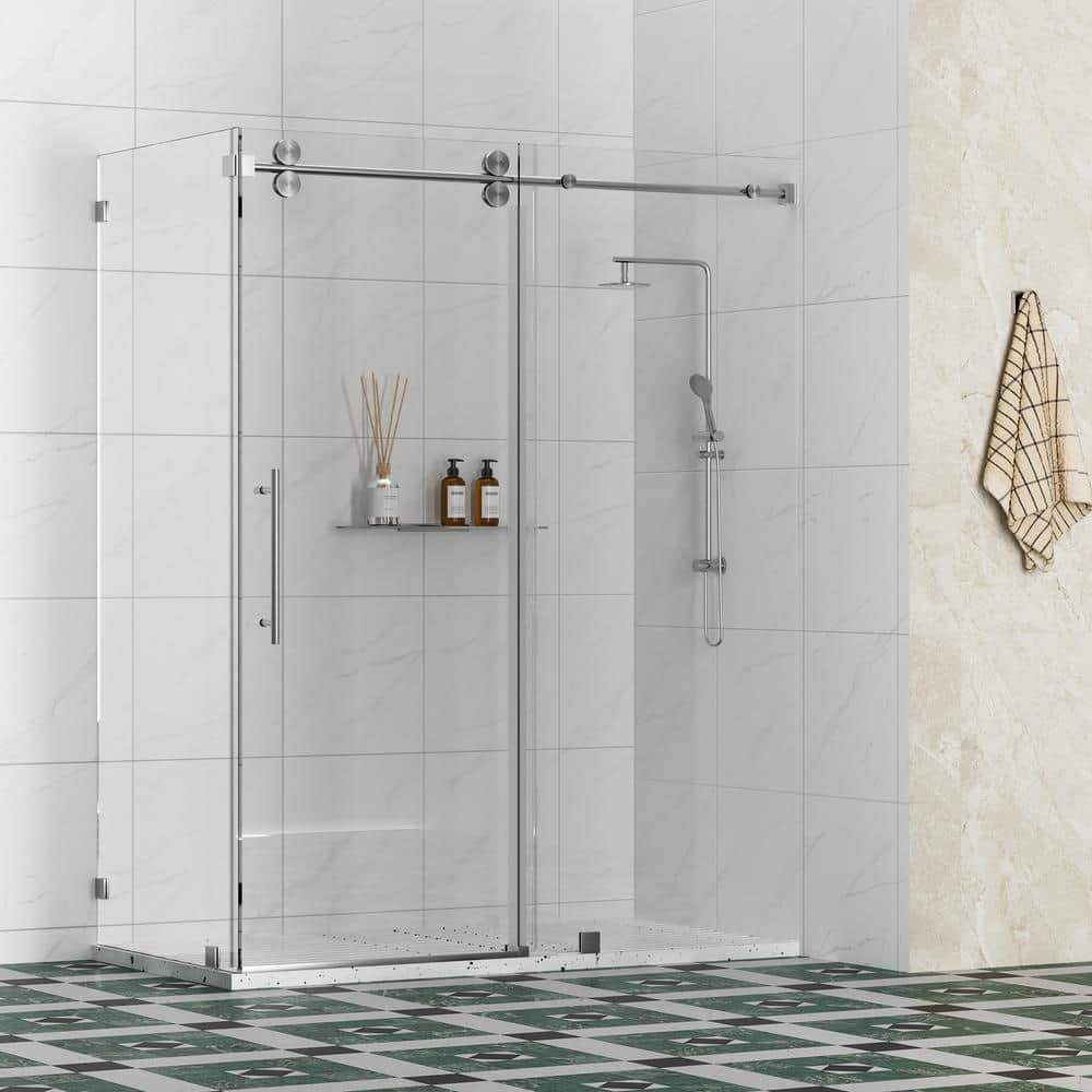 Kobiworks Radiance 60 in. W x 35 in. D x 76 in. H Sliding Frameless Corner Shower Enclosure in Brushed Nickel with Clear Glass