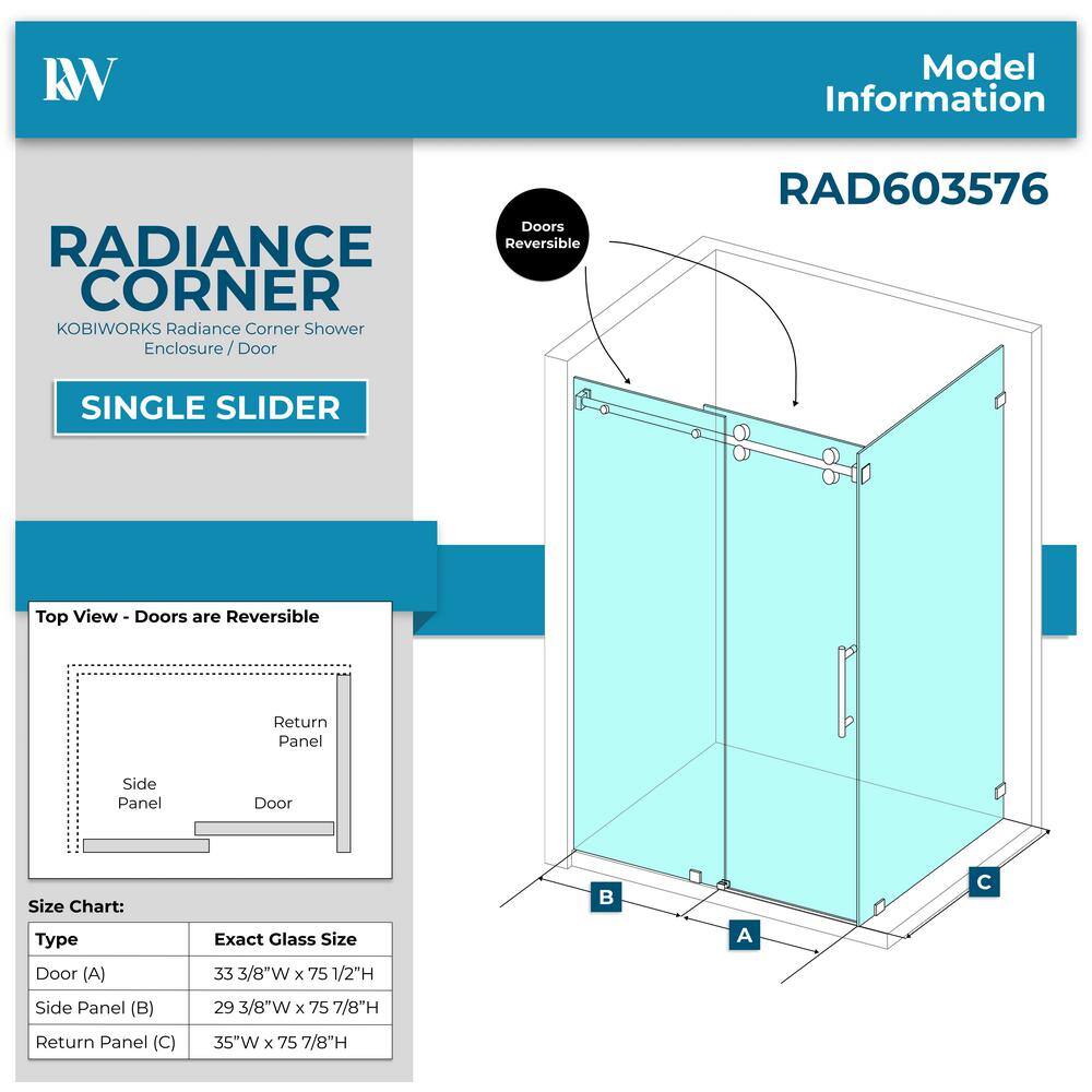Kobiworks Radiance 60 in. W x 35 in. D x 76 in. H Sliding Frameless Corner Shower Enclosure in Brushed Nickel with Clear Glass