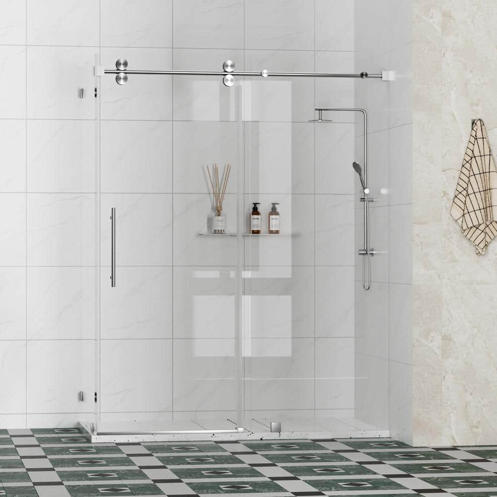 Kobiworks Radiance 60 in. W x 35 in. D x 76 in. H Sliding Frameless Corner Shower Enclosure in Brushed Nickel with Clear Glass