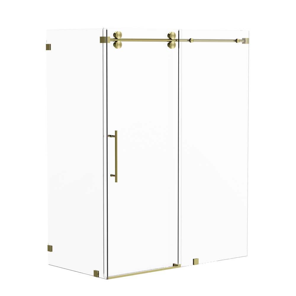 Kobiworks Radiance 60 in. W x 35 in. D x 76 in. H Sliding Frameless Corner Shower Enclosure in Brushed Gold with Clear Glass