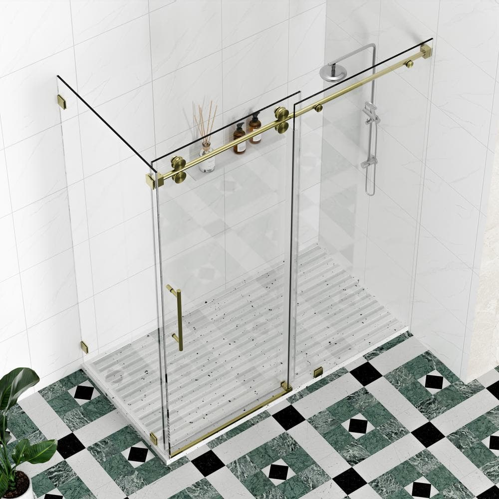 Kobiworks Radiance 60 in. W x 35 in. D x 76 in. H Sliding Frameless Corner Shower Enclosure in Brushed Gold with Clear Glass