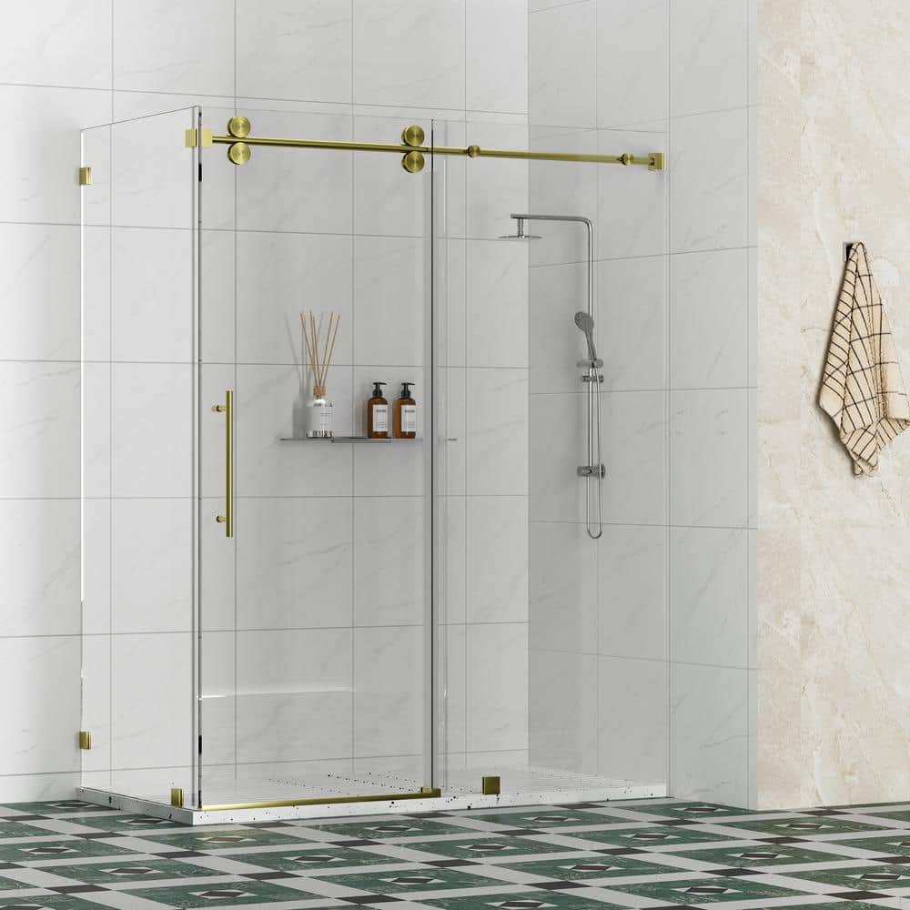 Kobiworks Radiance 60 in. W x 35 in. D x 76 in. H Sliding Frameless Corner Shower Enclosure in Brushed Gold with Clear Glass