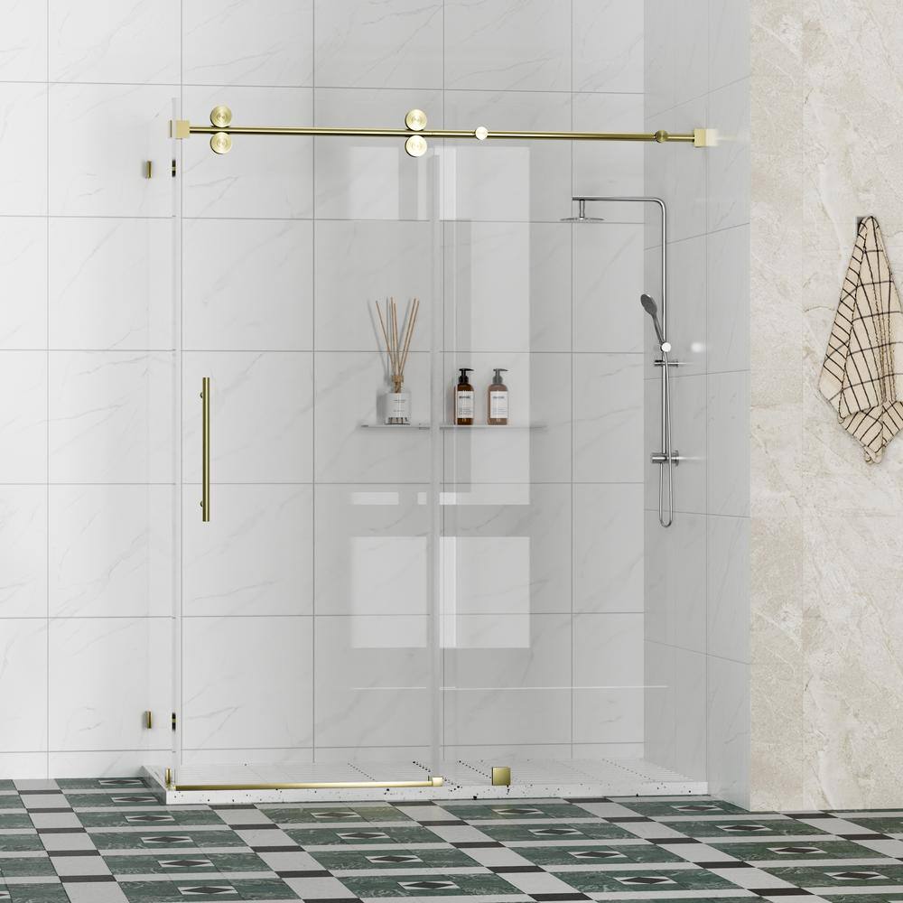 Kobiworks Radiance 60 in. W x 35 in. D x 76 in. H Sliding Frameless Corner Shower Enclosure in Brushed Gold with Clear Glass