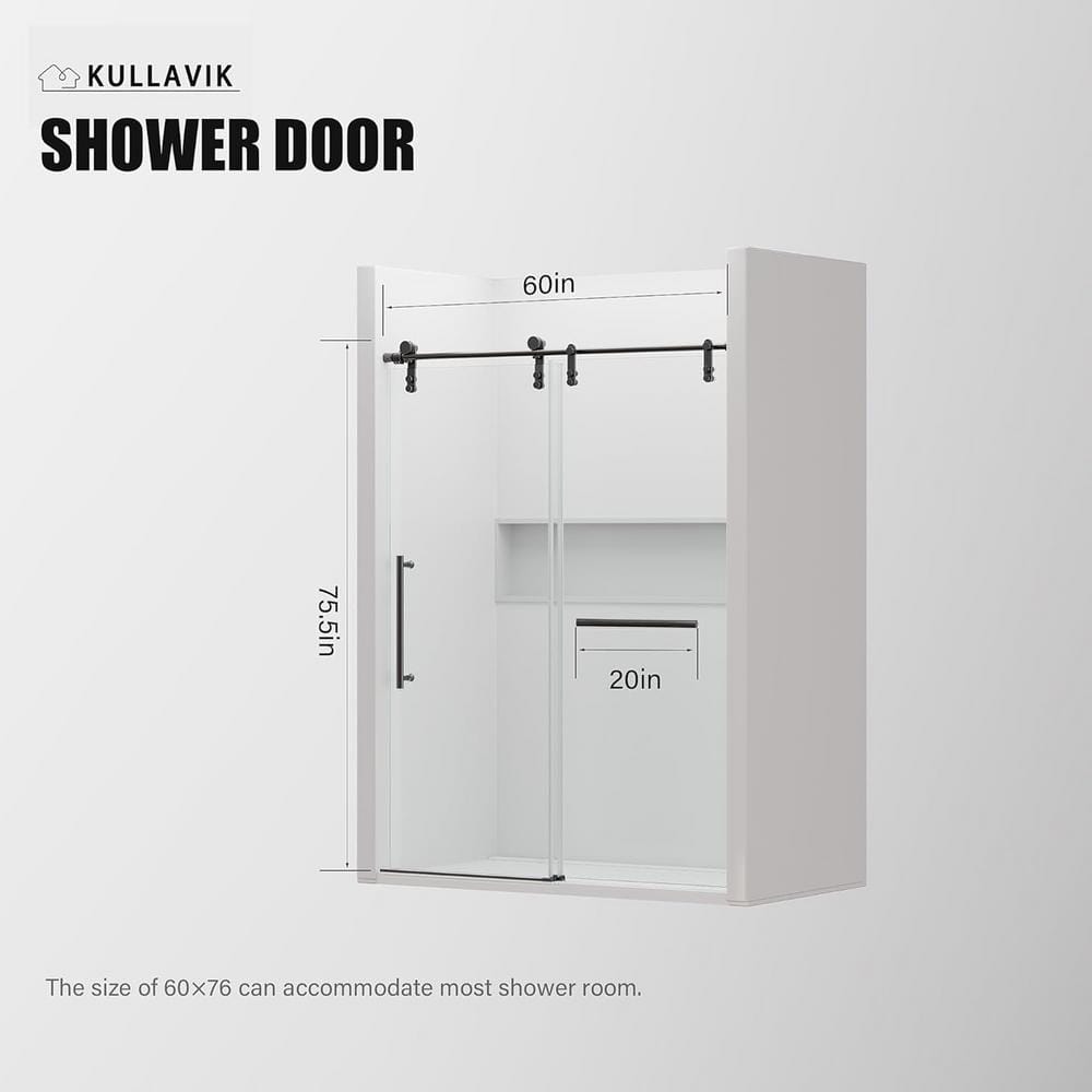 KULLAVIK 56-60 in. W x 76 in. H Sliding Frameless Glass Shower Door, Sliding Roller Shower Door, Stylish, Modern, Black