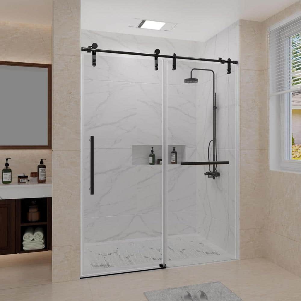 KULLAVIK 56-60 in. W x 76 in. H Sliding Frameless Glass Shower Door, Sliding Roller Shower Door, Stylish, Modern, Black