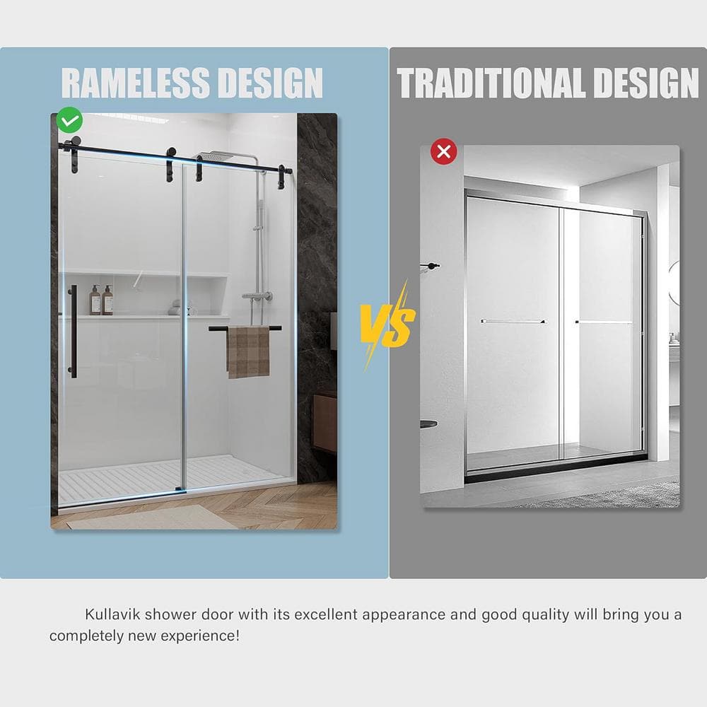 KULLAVIK 56-60 in. W x 76 in. H Sliding Frameless Glass Shower Door, Sliding Roller Shower Door, Stylish, Modern, Black