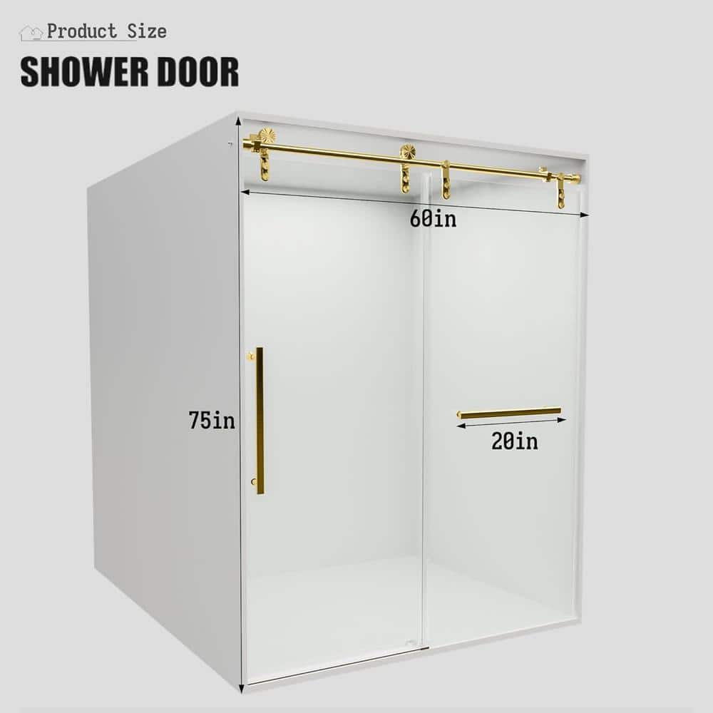 KULLAVIK 56-60 in. W x 76 in. H Frameless Glass Shower Door, Stainless Steel Handle, Noiseless, Waterproof, Shatterproof, Golden