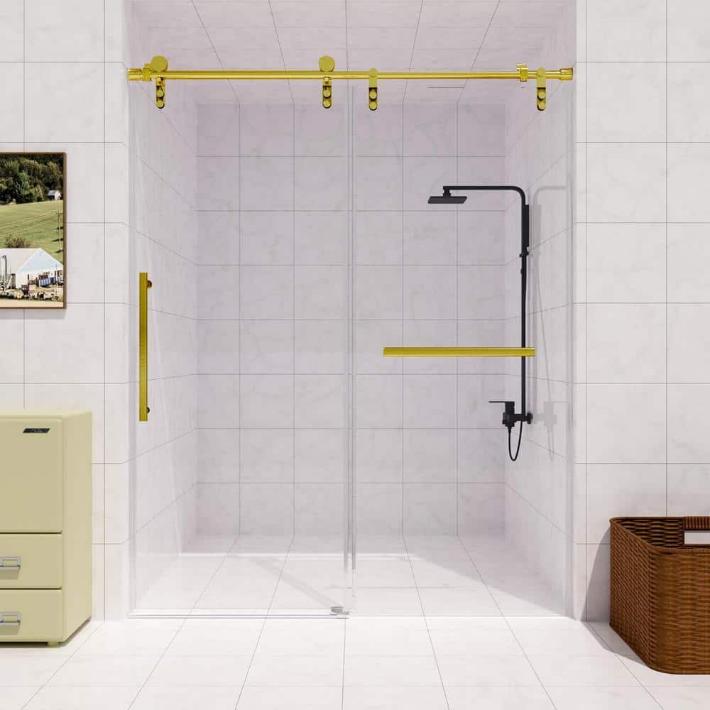 KULLAVIK 56-60 in. W x 76 in. H Frameless Glass Shower Door, Stainless Steel Handle, Noiseless, Waterproof, Shatterproof, Golden