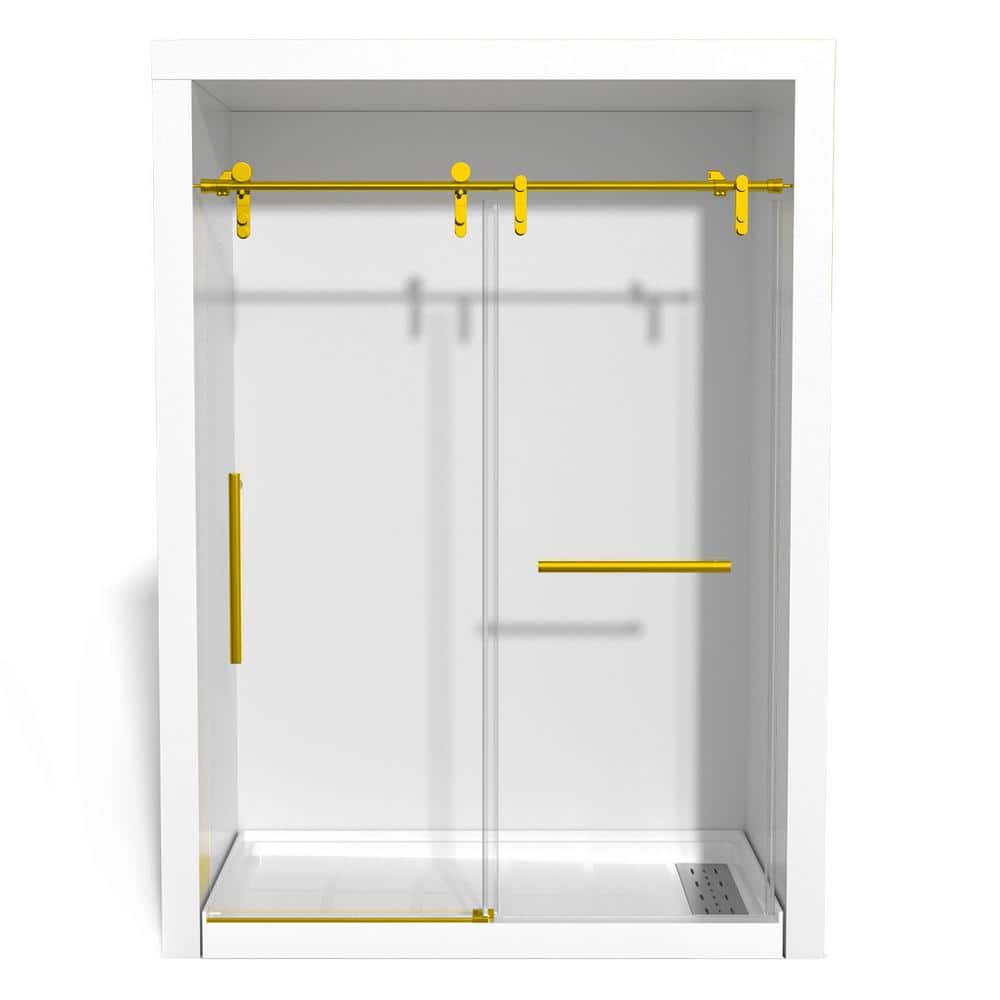 KULLAVIK 56-60 in. W x 76 in. H Frameless Glass Shower Door, Stainless Steel Handle, Noiseless, Waterproof, Shatterproof, Golden