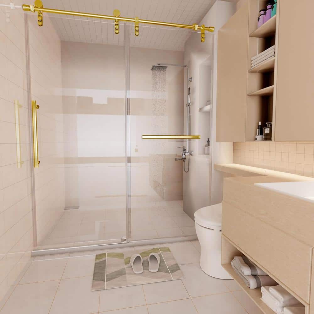 KULLAVIK 56-60 in. W x 76 in. H Frameless Glass Shower Door, Stainless Steel Handle, Noiseless, Waterproof, Shatterproof, Golden