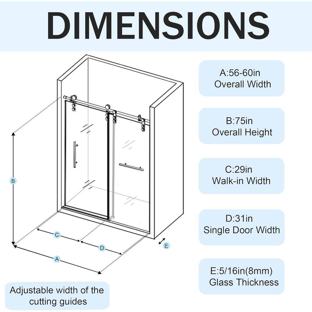KULLAVIK 56-60 in.W x 76 in.H Sliding Frameless Glass Shower Door, with Handle and Seal Strip, Stylish and Modern, Golden