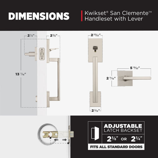 Kwikset San Clemente Satin Nickel Handleset with Halifax Square Lever, Microban Antimicrobial Technology