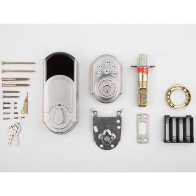 Kwikset SmartCode 909 Satin Nickel Electronic Deadbolt with SmartKey Security + Tustin Passage Lever