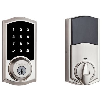 Premis Touchscreen Smart Lock Satin Nickel Single Cylinder Electronic Deadbolt featuring Tustin Hall/Closet Lever