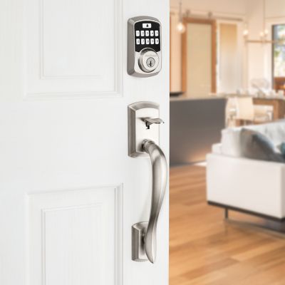 Aura Satin Nickel Single Cylinder Electronic Bluetooth Keypad Smart Lock Deadbolt featuring SmartKey Security
