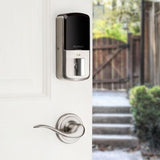 Aura Satin Nickel Single Cylinder Electronic Bluetooth Keypad Smart Lock Deadbolt featuring SmartKey Security