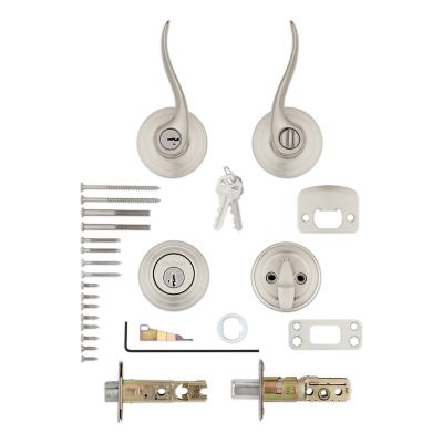 Kwikset Tustin Satin Nickel SmartKey Single-Cylinder Deadbolt & Universal Keyed Entry Lever Combo Pack (1 Handle + 1 Deadbolt)