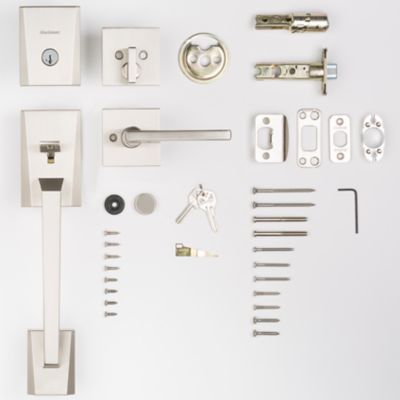 Kwikset Camino Low Profile Satin Nickel Single Cylinder Entry Door Handleset with Halifax Lever featuring SmartKey Security