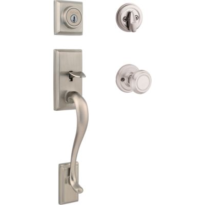 Kwikset Hawthorne Satin Nickel Single Cylinder Door Handleset with Cameron Door Knob Featuring SmartKey Security