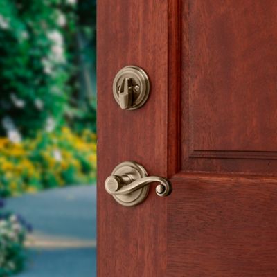 Kwikset Shelburne Antique Brass SmartKey Single-Cylinder Deadbolt Keyed Entry Door Handleset with Lido Lever