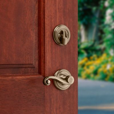 Kwikset Shelburne Antique Brass SmartKey Single-Cylinder Deadbolt Keyed Entry Door Handleset with Lido Lever
