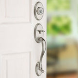 Shelburne Antique Brass Single Cylinder Door Handleset with Juno Door Knob Featuring SmartKey Security